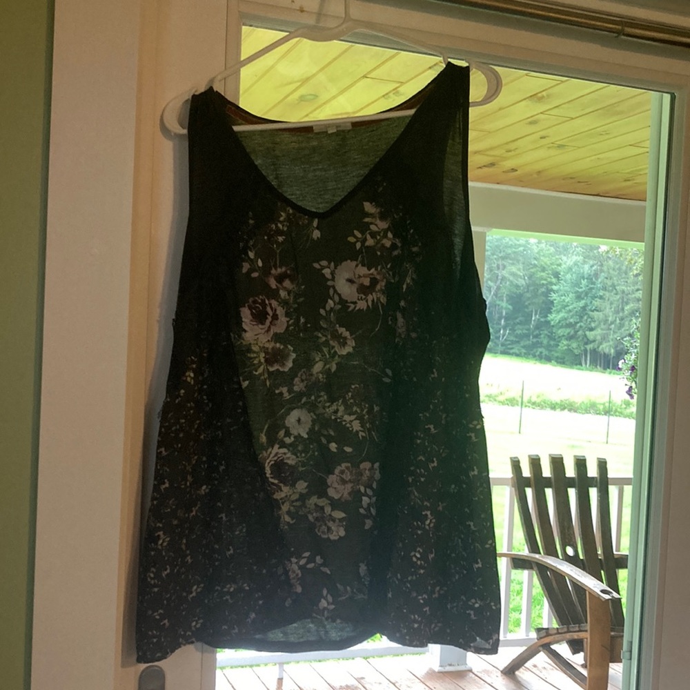 Maurices v-neck lace trim charcoal gray with purple floral print dress shirt